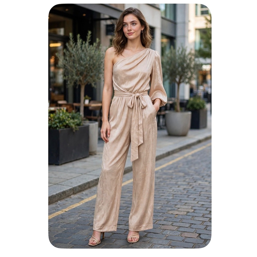 BCBGMAXAZRIA One Shoulder Metallic Jumpsuit Champagne Rose Gold XS